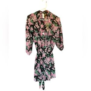 Forever 21 Black Floral Kimono Robe with Slip Chemise Nightgown Set Small